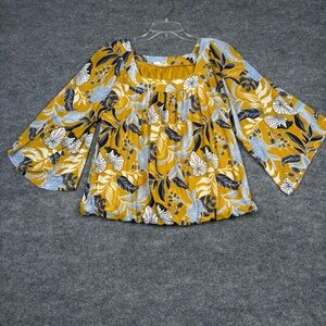 Ember Mustard Floral Bell Sleeve Top – Size Large